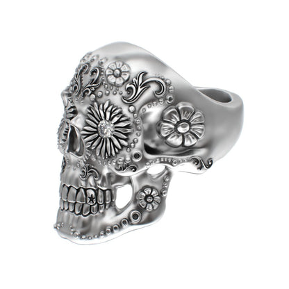 Large Sugar Skull Ring - 925 Silver - Diamond Eyes - BeckonJewel