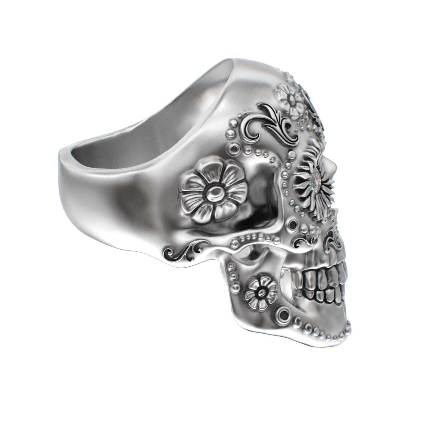 Large Sugar Skull Ring - 925 Silver - Diamond Eyes - BeckonJewel