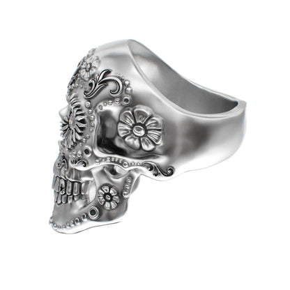 Large Sugar Skull Ring - 925 Silver - Diamond Eyes - BeckonJewel