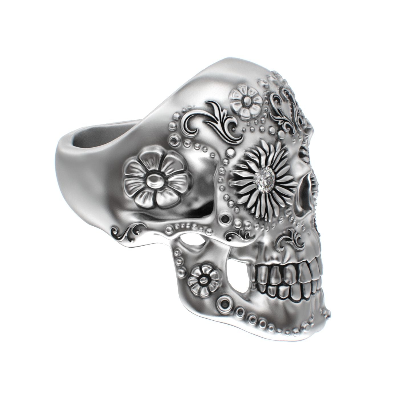 Large Sugar Skull Ring - 925 Silver - Diamond Eyes - BeckonJewel