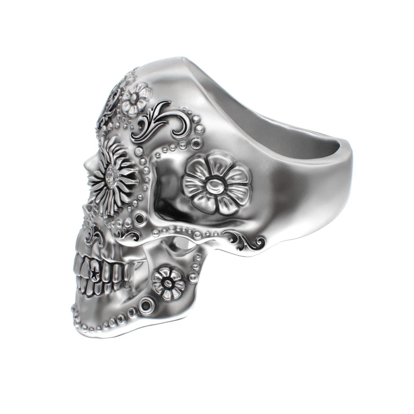 Large Sugar Skull Ring - 925 Silver - Diamond Eyes - BeckonJewel