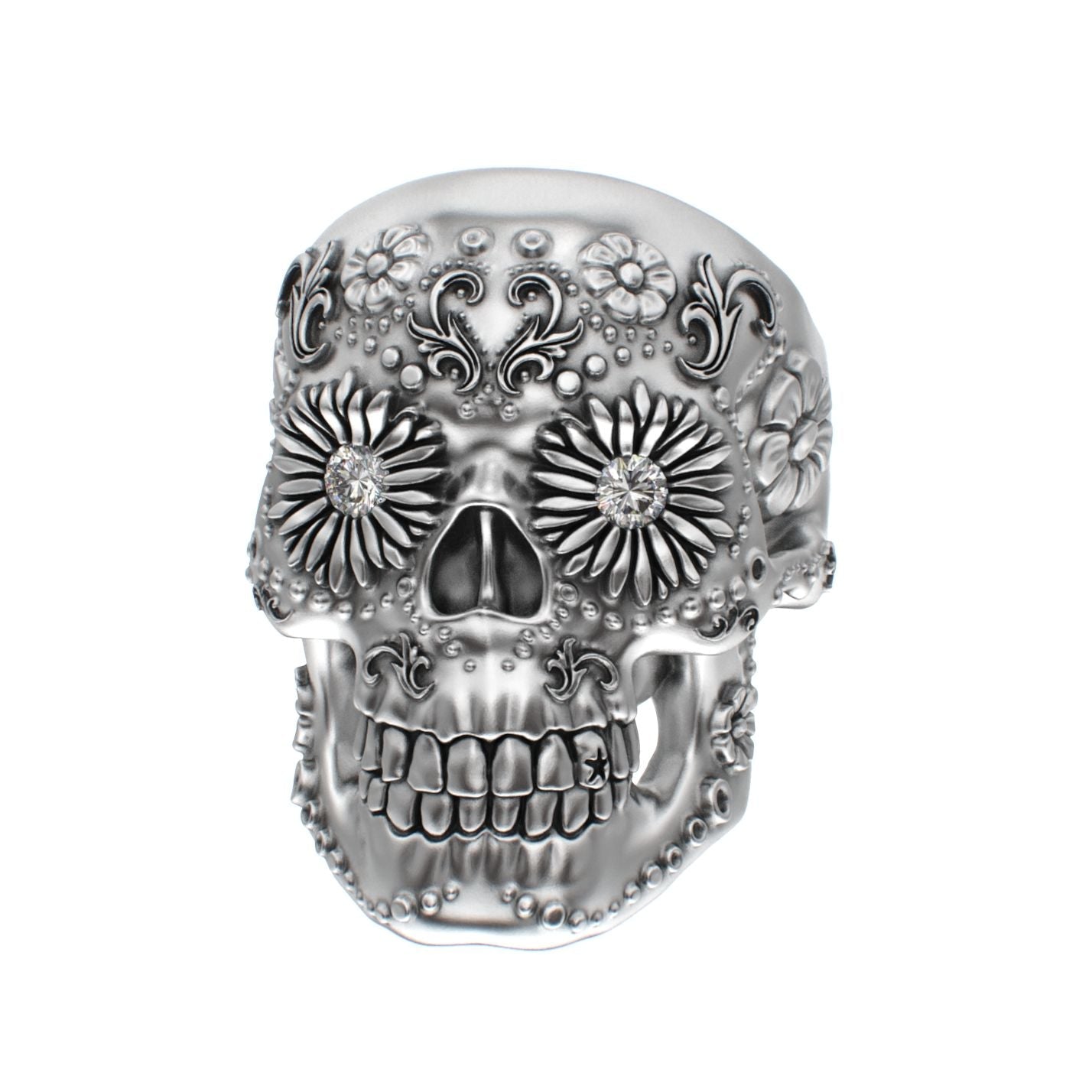 Large Sugar Skull Ring - 925 Silver - Diamond Eyes - BeckonJewel