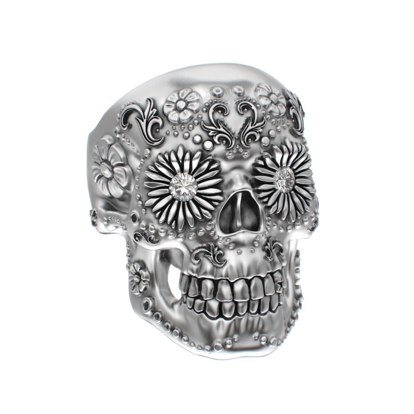 Large Sugar Skull Ring - 925 Silver - Diamond Eyes - BeckonJewel