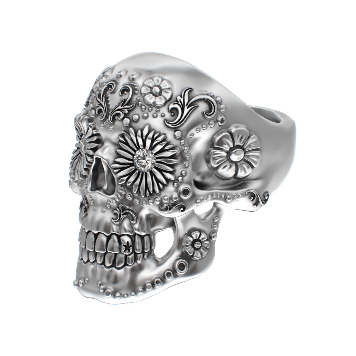 Large Sugar Skull Ring - 925 Silver - Diamond Eyes - BeckonJewel