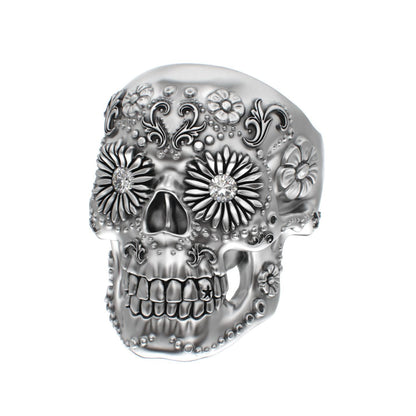 Large Sugar Skull Ring - 925 Silver - Diamond Eyes - BeckonJewel