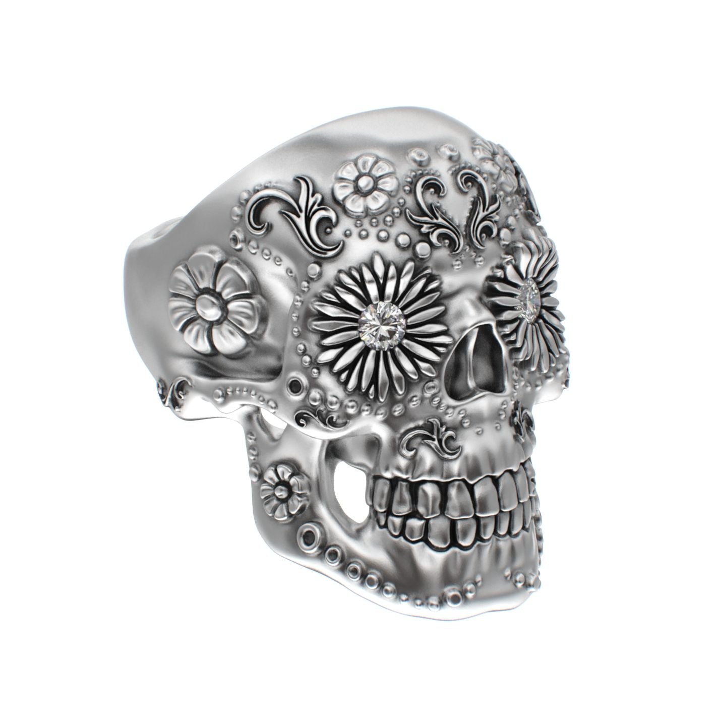 Large Sugar Skull Ring - 925 Silver - Diamond Eyes - BeckonJewel