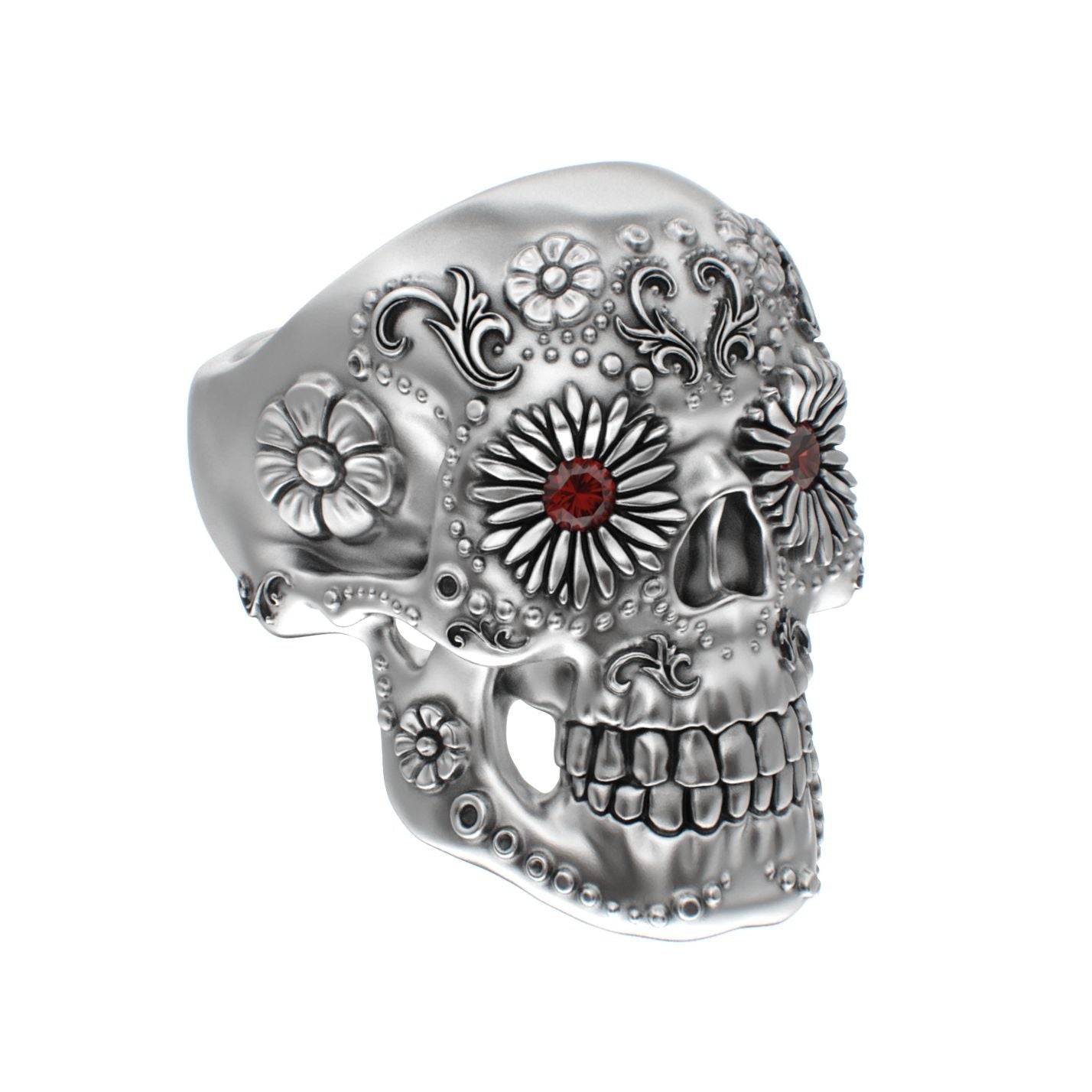 Large Sugar Skull Ring - 925 Silver - Garnet Eyes - BeckonJewel