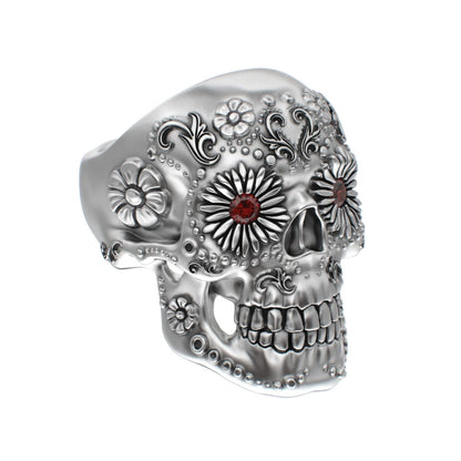 Large Sugar Skull Ring - 925 Silver - Garnet Eyes - BeckonJewel