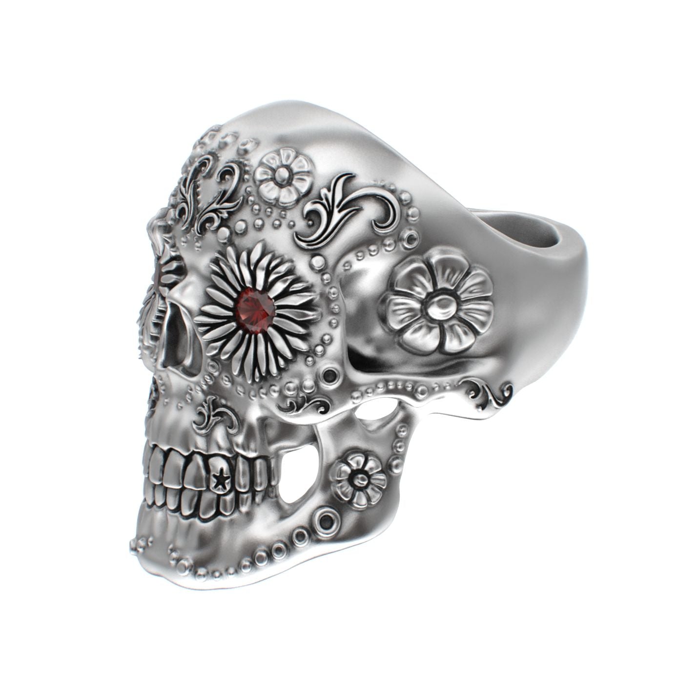 Large Sugar Skull Ring - 925 Silver - Garnet Eyes - BeckonJewel