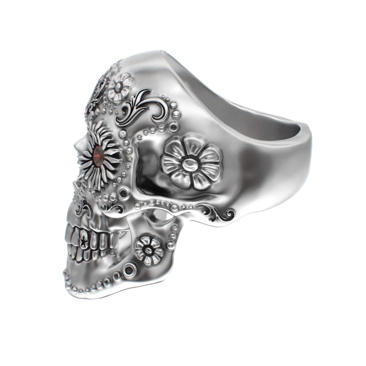 Large Sugar Skull Ring - 925 Silver - Garnet Eyes - BeckonJewel