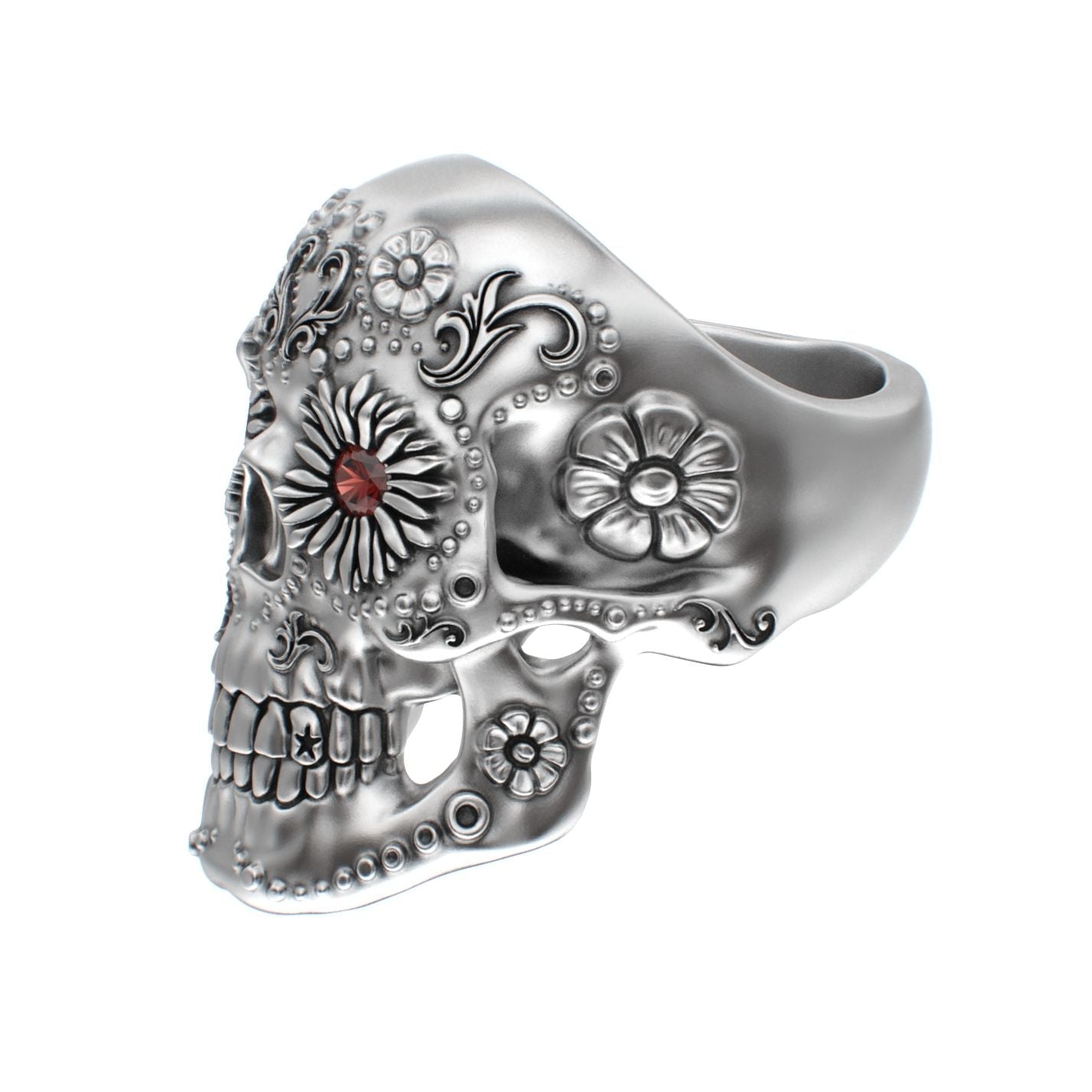 Large Sugar Skull Ring - 925 Silver - Garnet Eyes - BeckonJewel