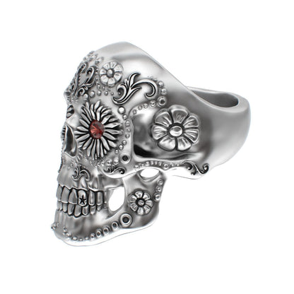 Large Sugar Skull Ring - 925 Silver - Garnet Eyes - BeckonJewel