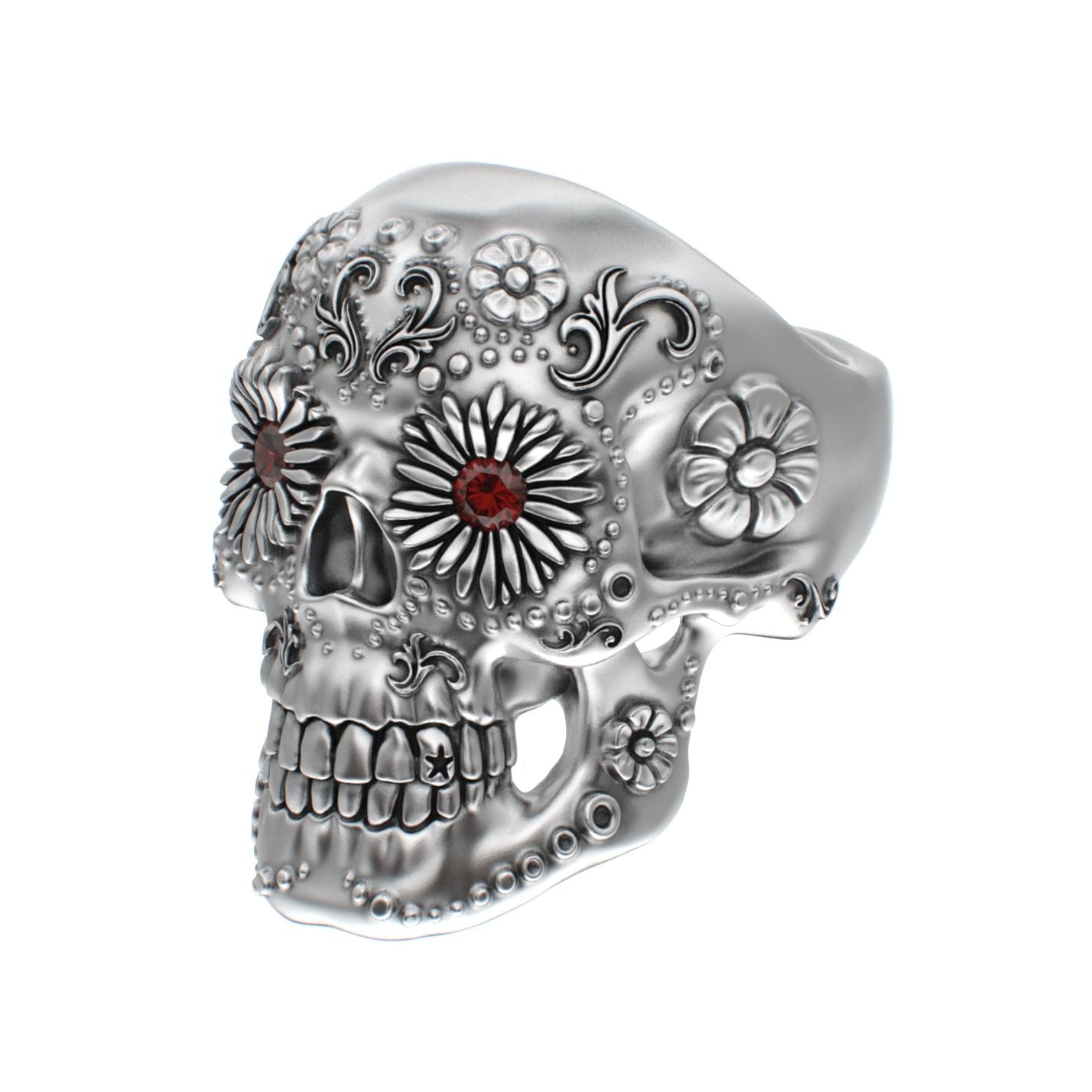 Large Sugar Skull Ring - 925 Silver - Garnet Eyes - BeckonJewel