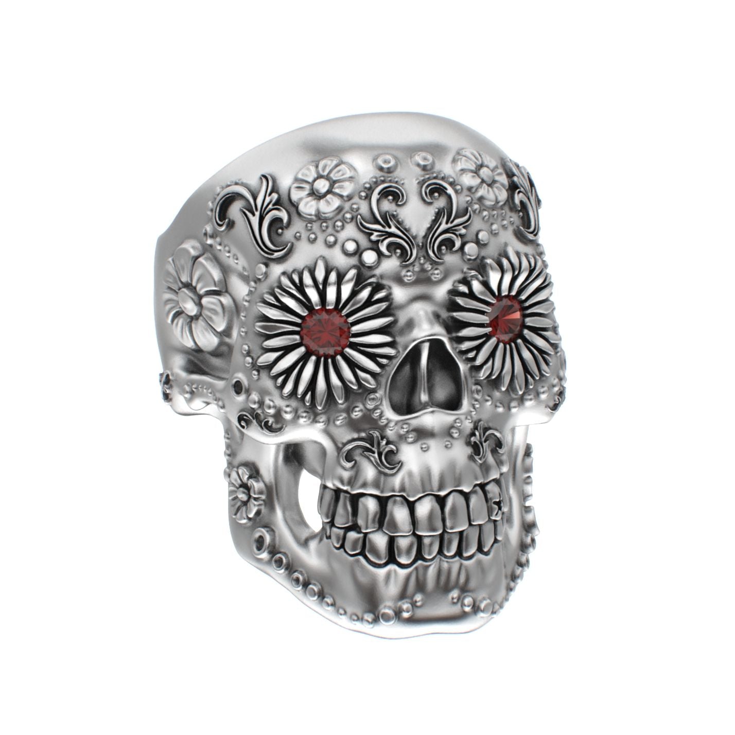 Large Sugar Skull Ring - 925 Silver - Garnet Eyes - BeckonJewel