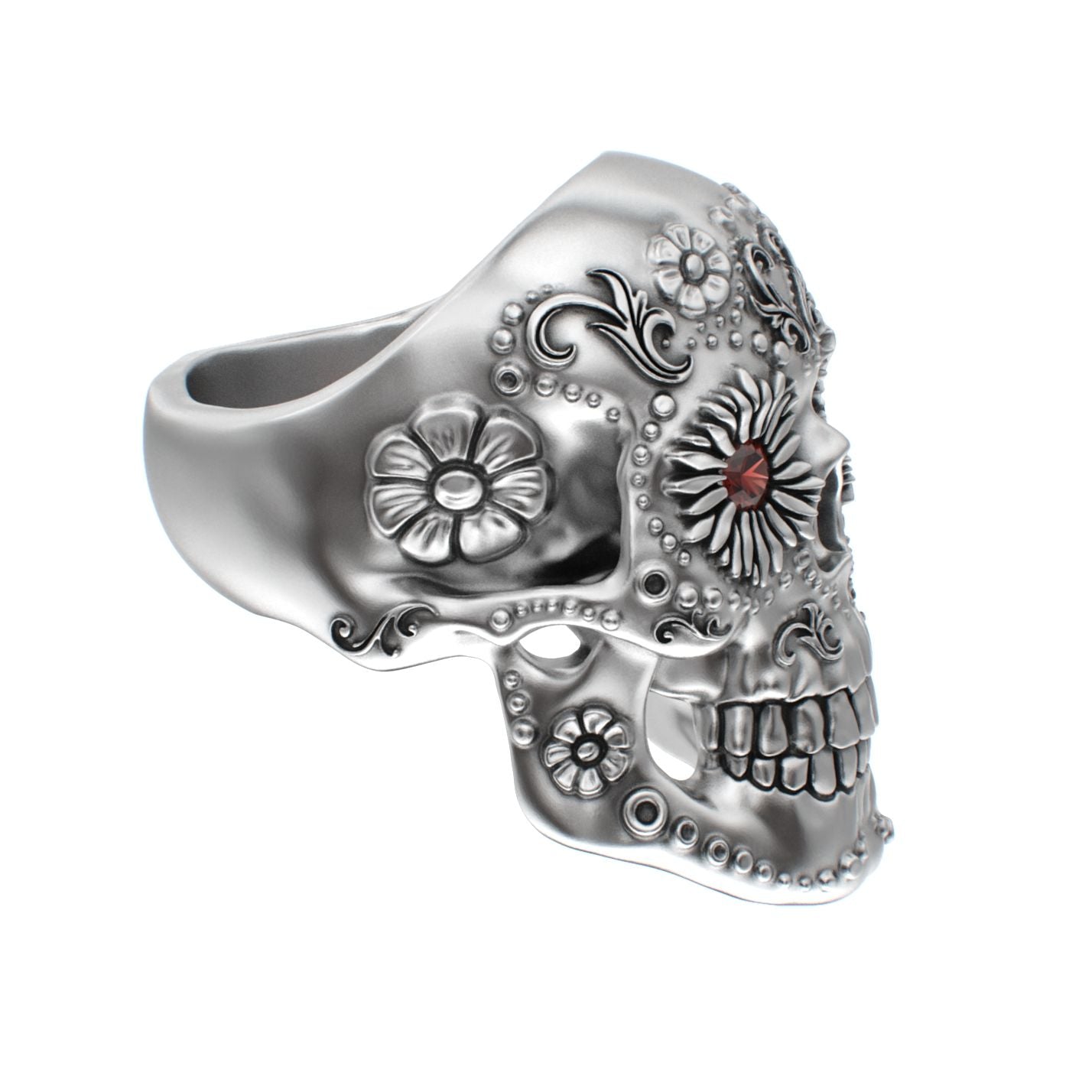 Large Sugar Skull Ring - 925 Silver - Garnet Eyes - BeckonJewel