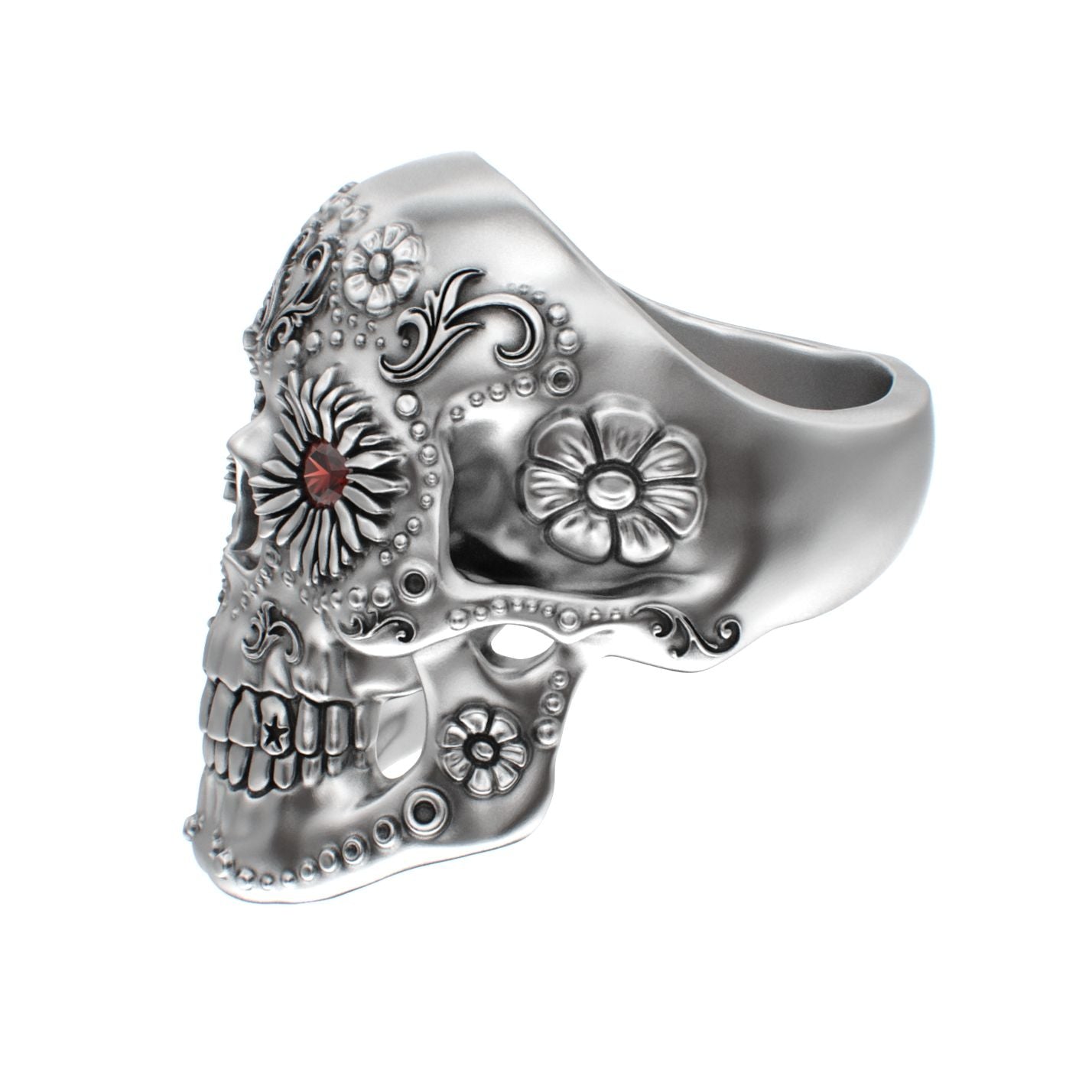 Large Sugar Skull Ring - 925 Silver - Garnet Eyes - BeckonJewel