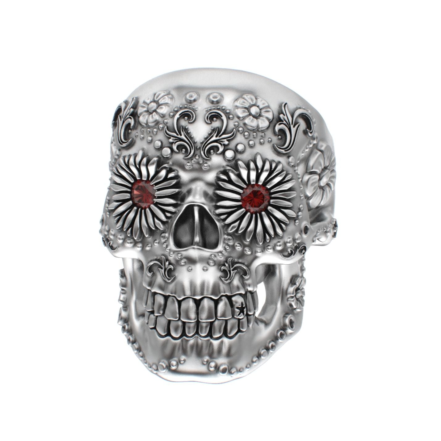 Large Sugar Skull Ring - 925 Silver - Garnet Eyes - BeckonJewel