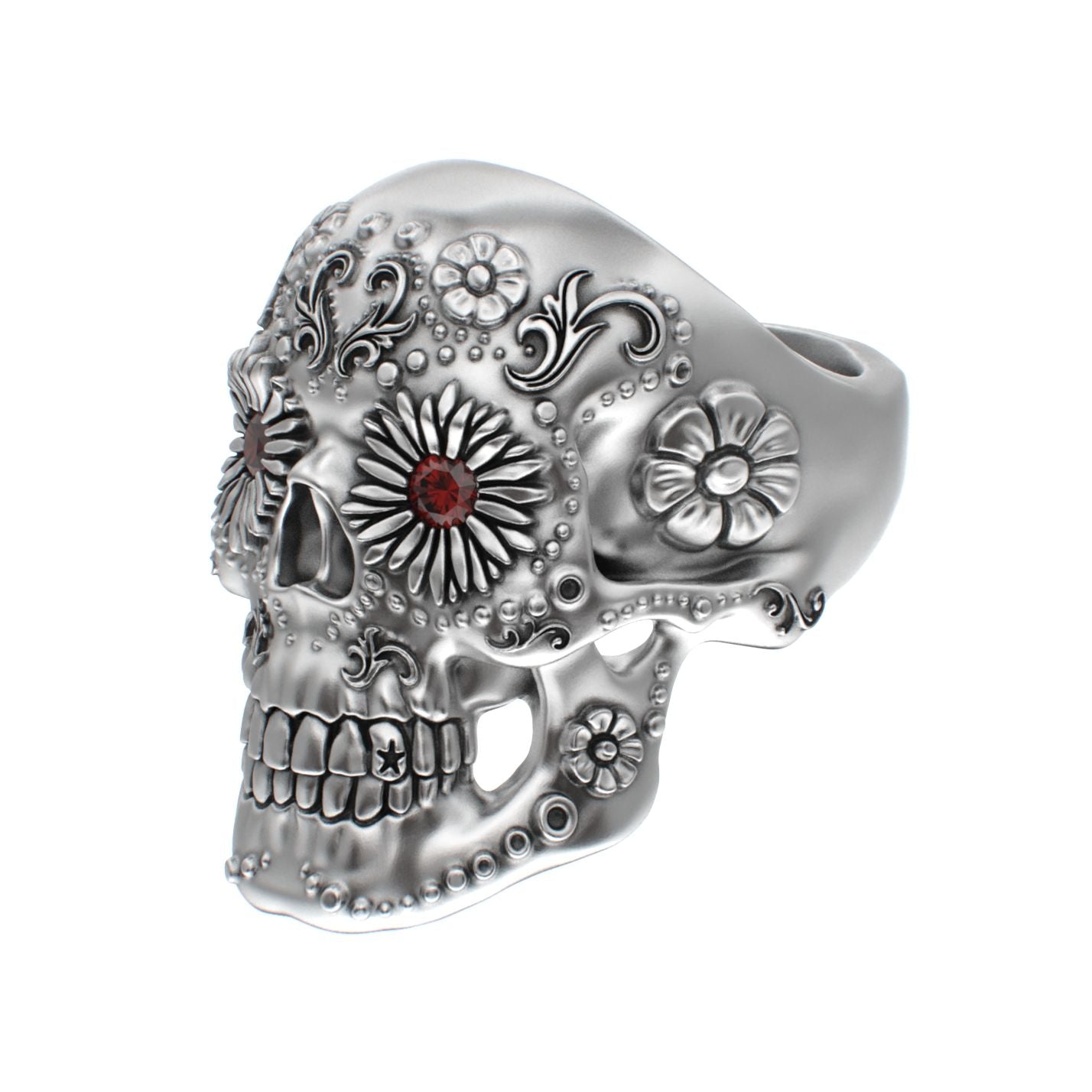 Large Sugar Skull Ring - 925 Silver - Garnet Eyes - BeckonJewel