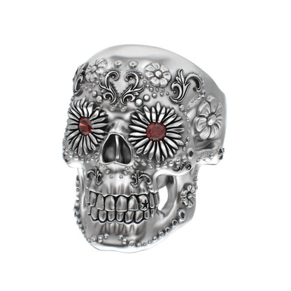 Large Sugar Skull Ring - 925 Silver - Garnet Eyes - BeckonJewel