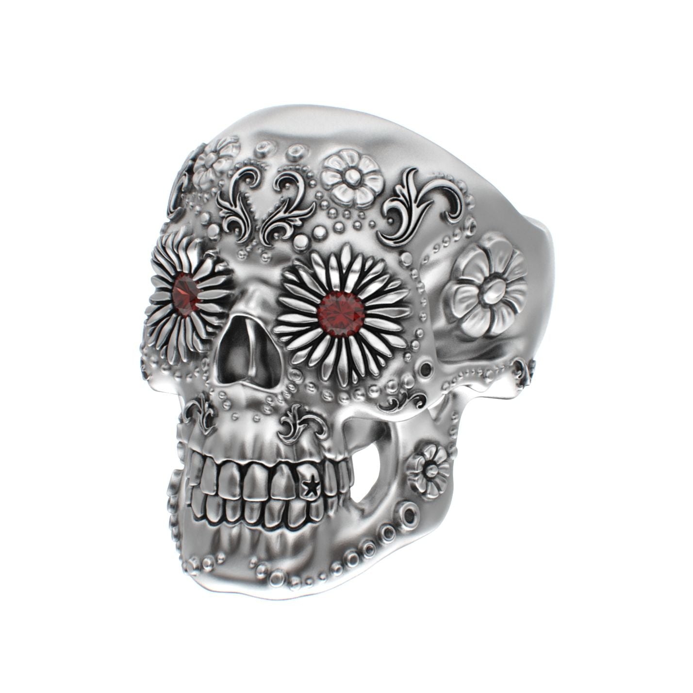 Large Sugar Skull Ring - 925 Silver - Garnet Eyes - BeckonJewel