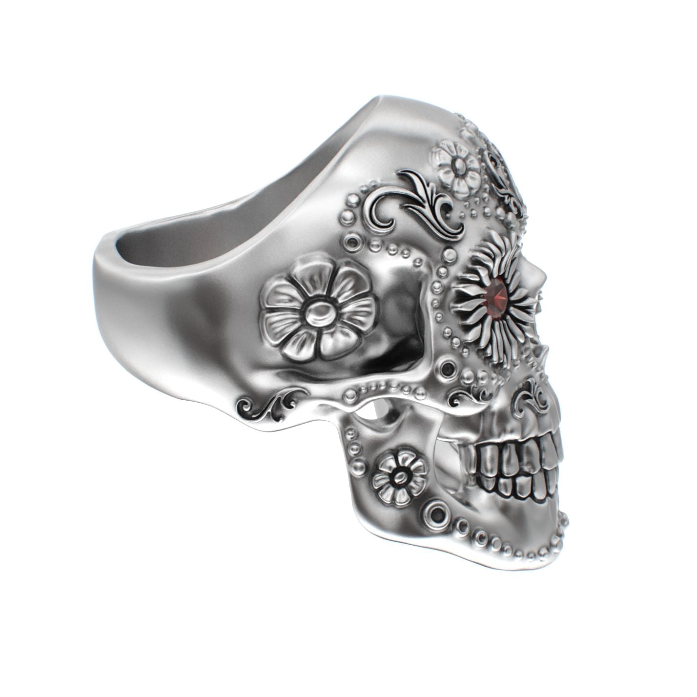 Large Sugar Skull Ring - 925 Silver - Garnet Eyes - BeckonJewel