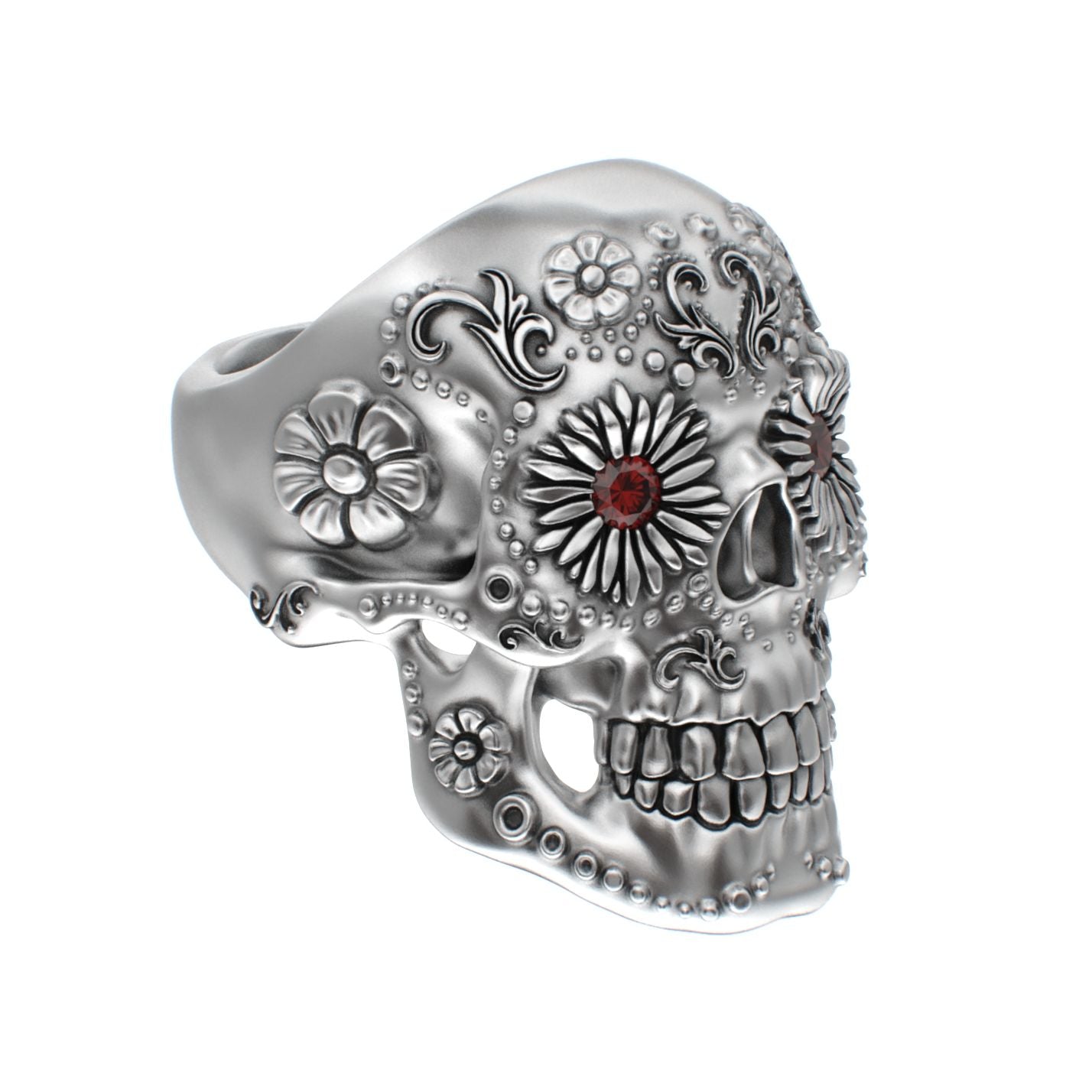 Large Sugar Skull Ring - 925 Silver - Garnet Eyes - BeckonJewel