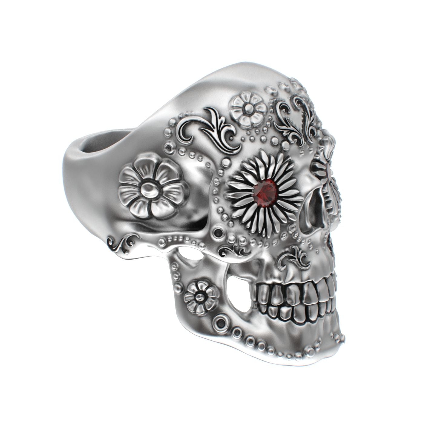 Large Sugar Skull Ring - 925 Silver - Garnet Eyes - BeckonJewel