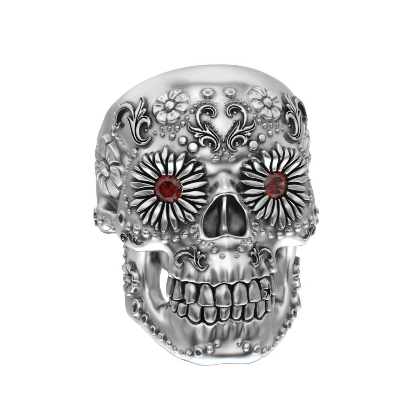 Large Sugar Skull Ring - 925 Silver - Garnet Eyes - BeckonJewel