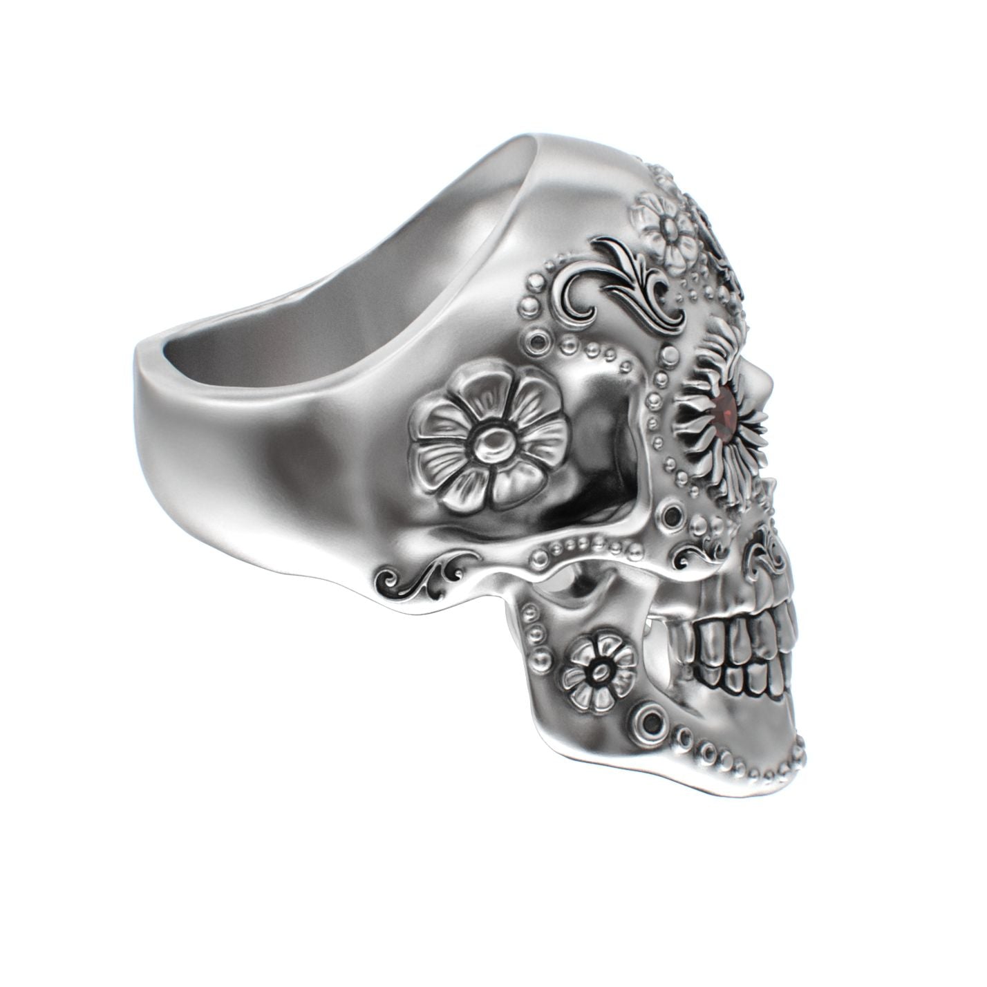 Large Sugar Skull Ring - 925 Silver - Garnet Eyes - BeckonJewel