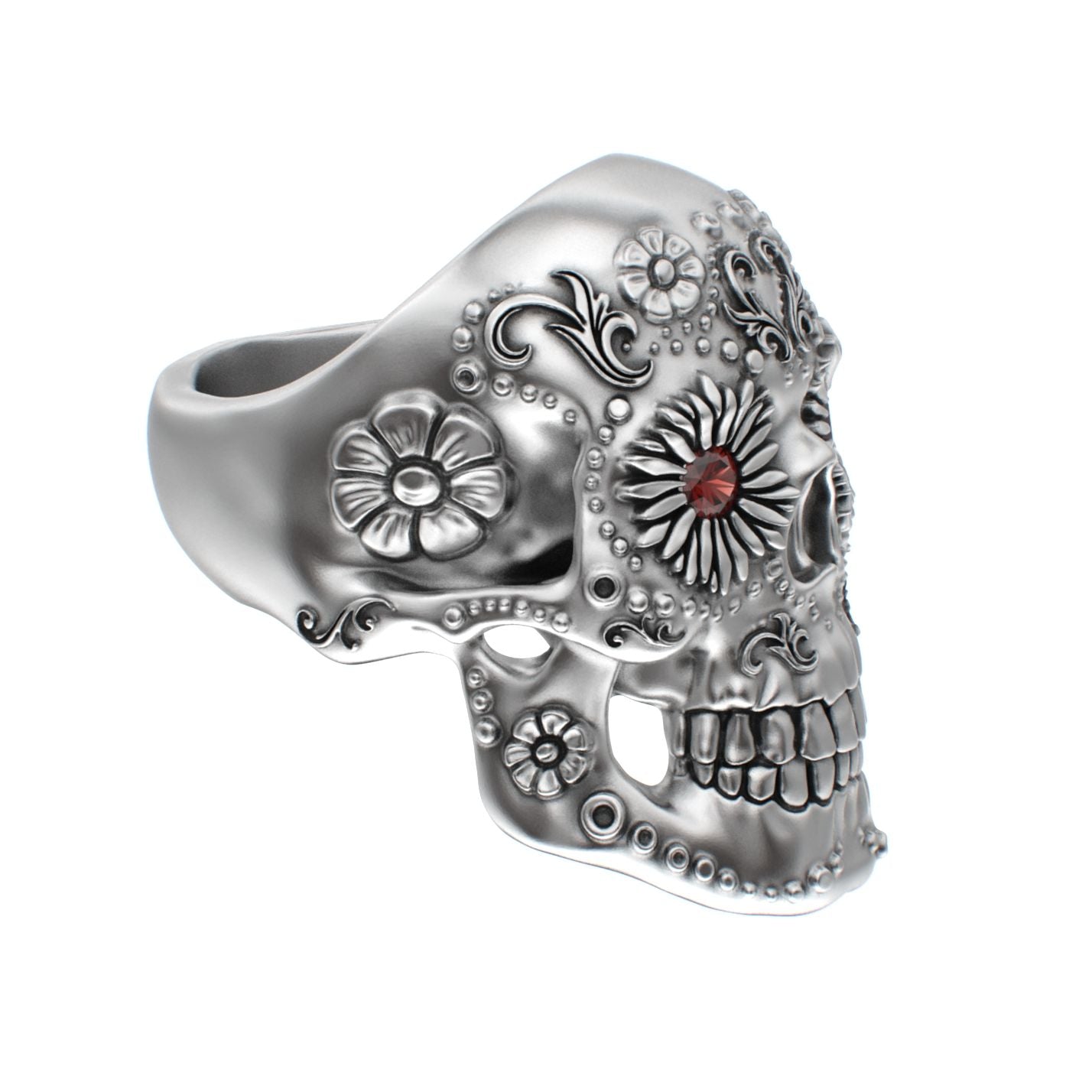 Large Sugar Skull Ring - 925 Silver - Garnet Eyes - BeckonJewel