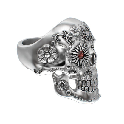 Large Sugar Skull Ring - 925 Silver - Garnet Eyes - BeckonJewel