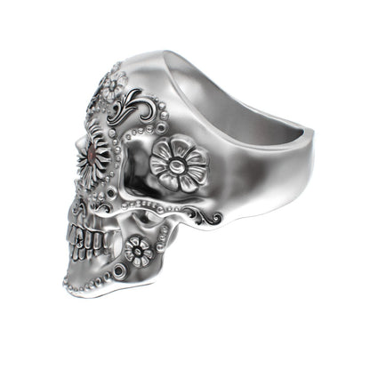 Large Sugar Skull Ring - 925 Silver - Garnet Eyes - BeckonJewel