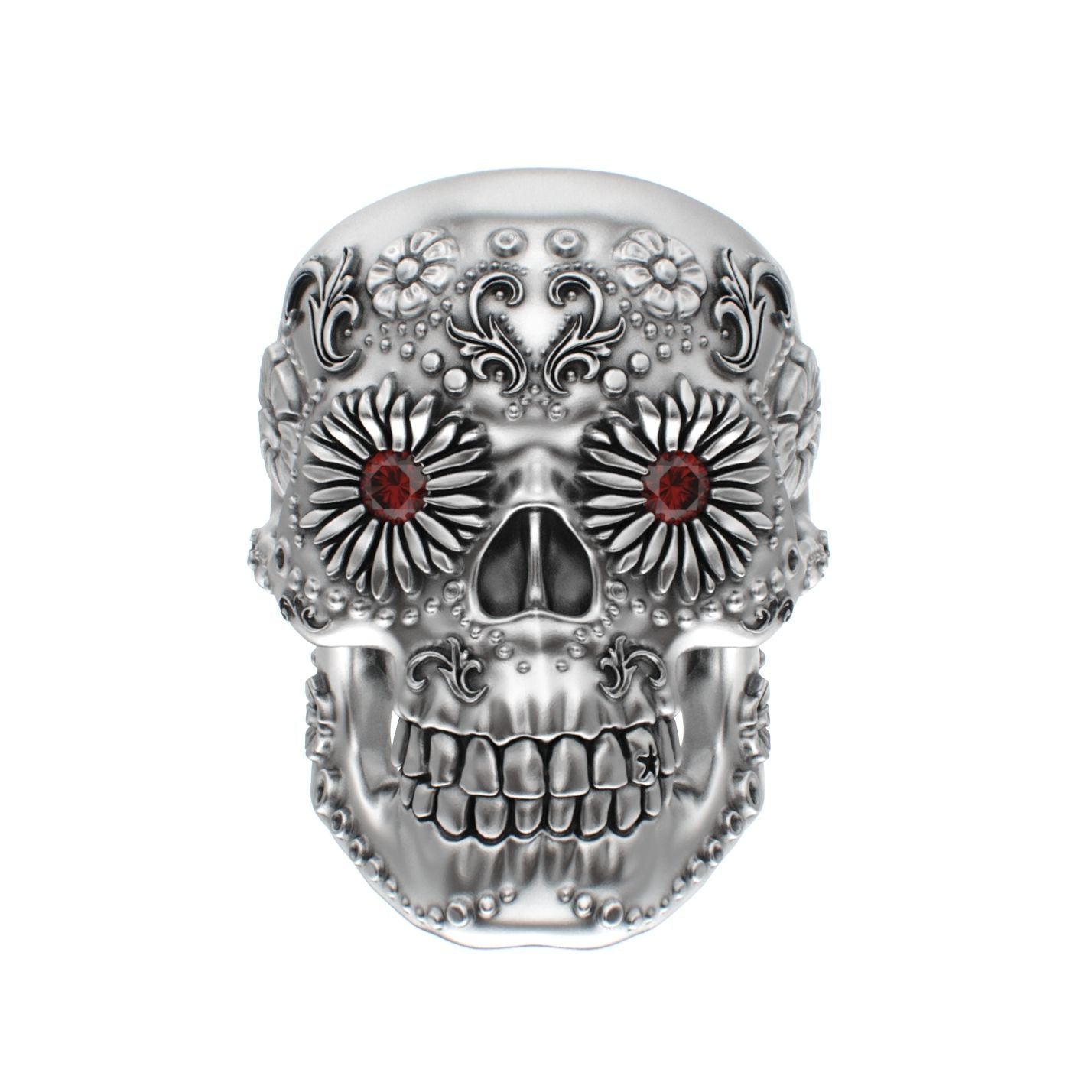 Large Sugar Skull Ring - 925 Silver - Garnet Eyes - BeckonJewel