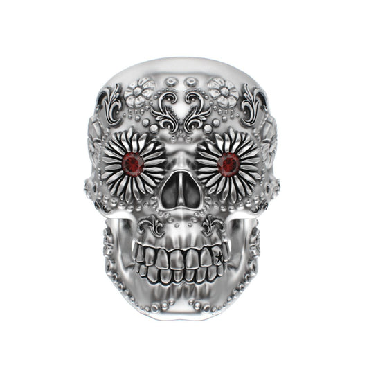 Large Sugar Skull Ring - 925 Silver - Garnet Eyes - BeckonJewel