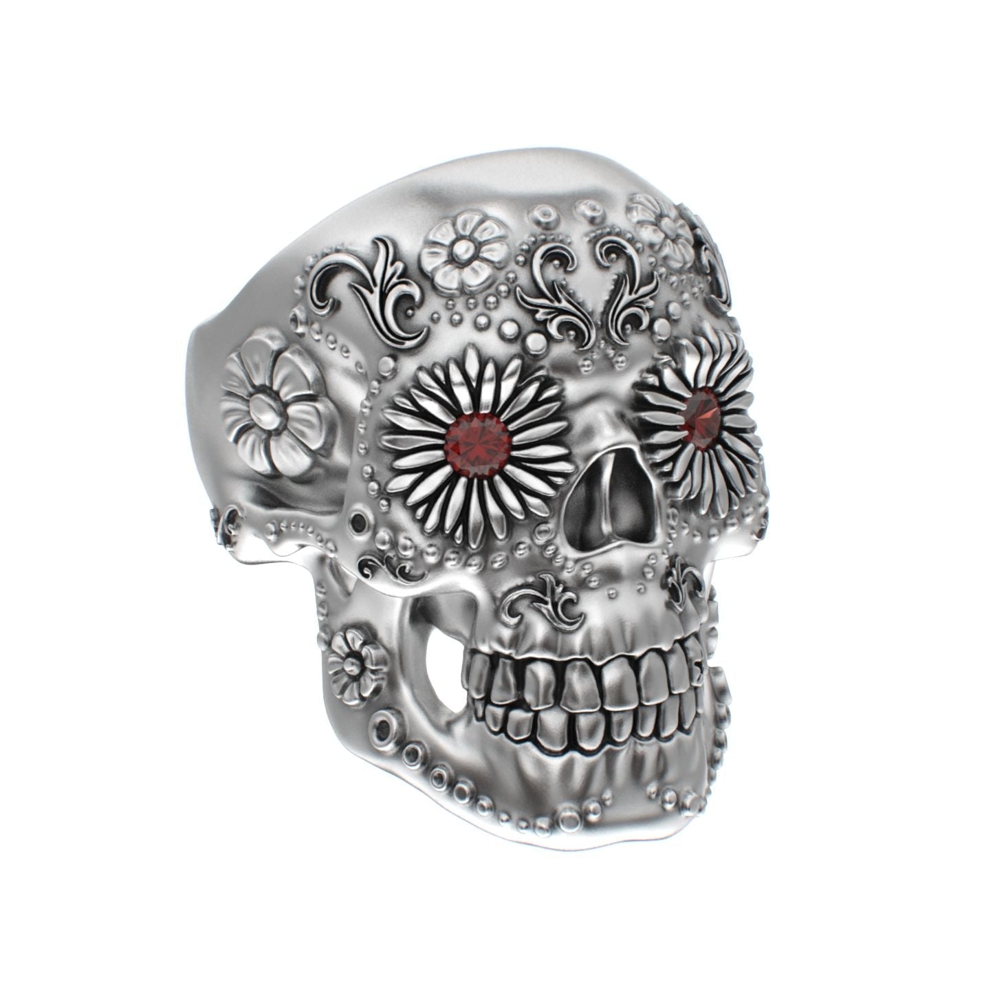 Large Sugar Skull Ring - 925 Silver - Garnet Eyes - BeckonJewel