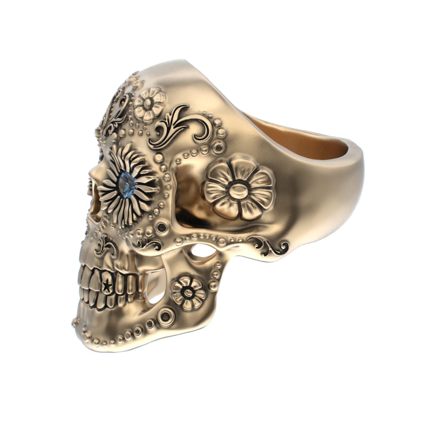 Large Sugar Skull Ring - 9ct Gold - Blue Sapphire Eyes - BeckonJewel