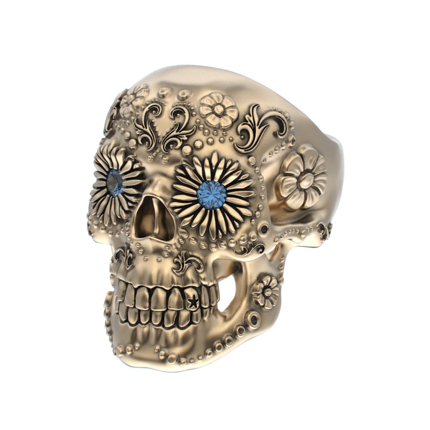 Large Sugar Skull Ring - 9ct Gold - Blue Sapphire Eyes - BeckonJewel