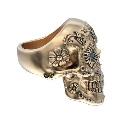 Large Sugar Skull Ring - 9ct Gold - Blue Sapphire Eyes - BeckonJewel