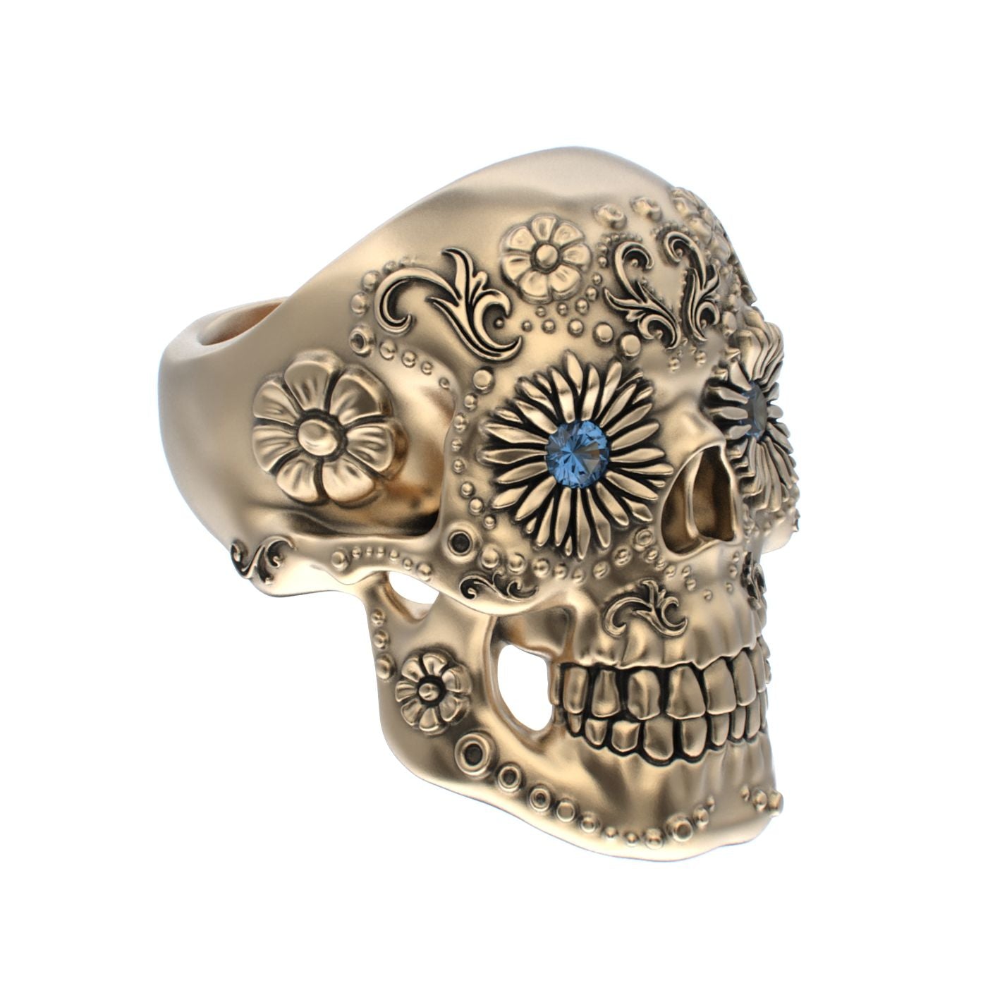 Large Sugar Skull Ring - 9ct Gold - Blue Sapphire Eyes - BeckonJewel