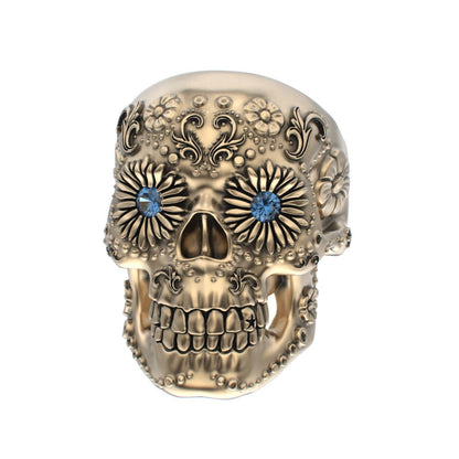 Large Sugar Skull Ring - 9ct Gold - Blue Sapphire Eyes - BeckonJewel