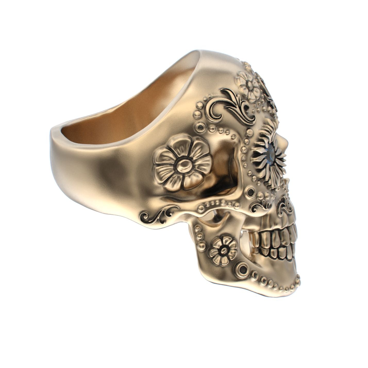 Large Sugar Skull Ring - 9ct Gold - Blue Sapphire Eyes - BeckonJewel