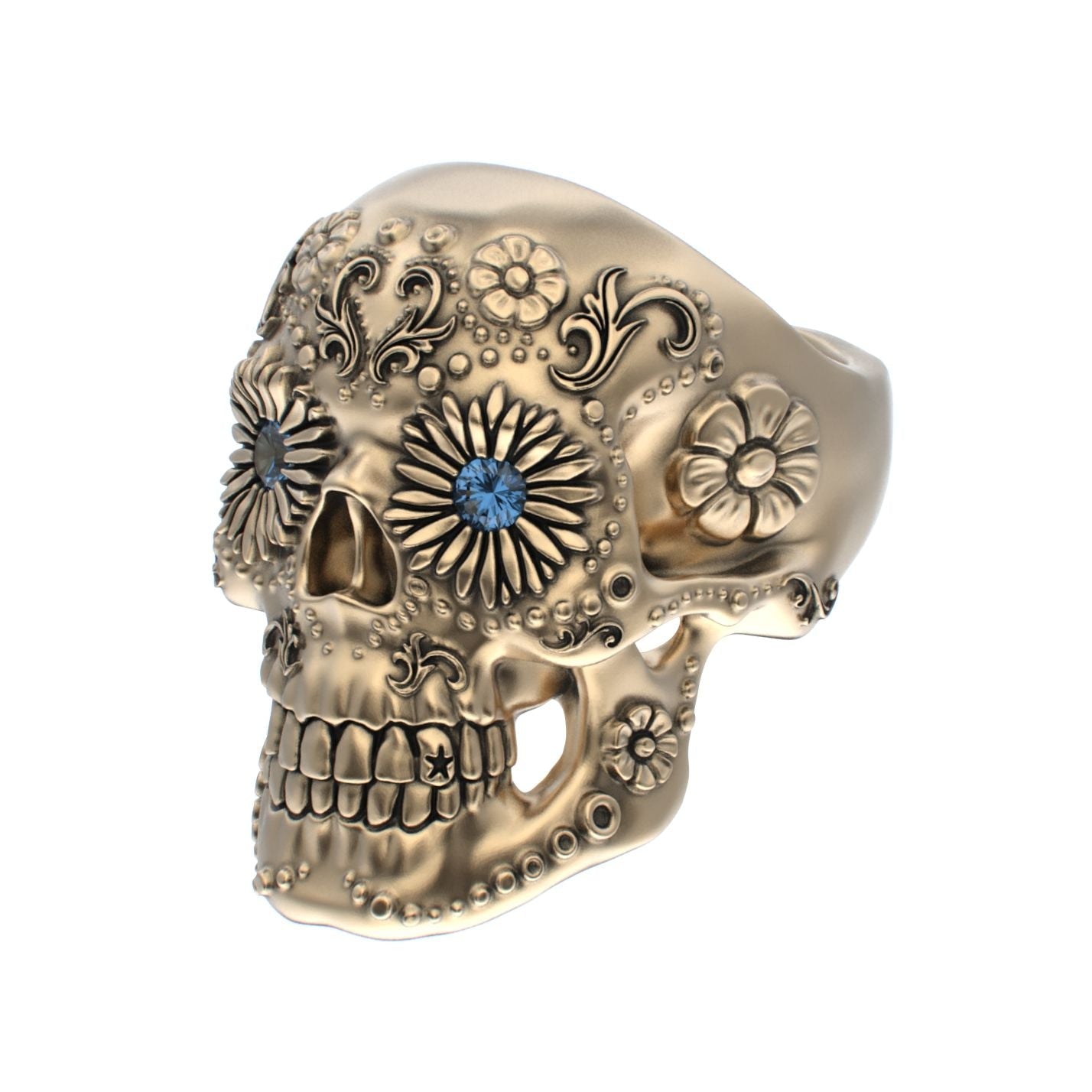 Large Sugar Skull Ring - 9ct Gold - Blue Sapphire Eyes - BeckonJewel