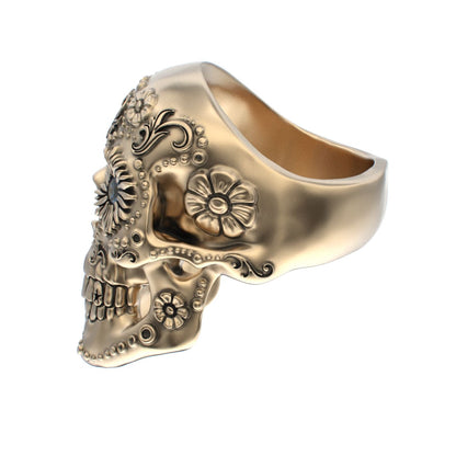 Large Sugar Skull Ring - 9ct Gold - Blue Sapphire Eyes - BeckonJewel