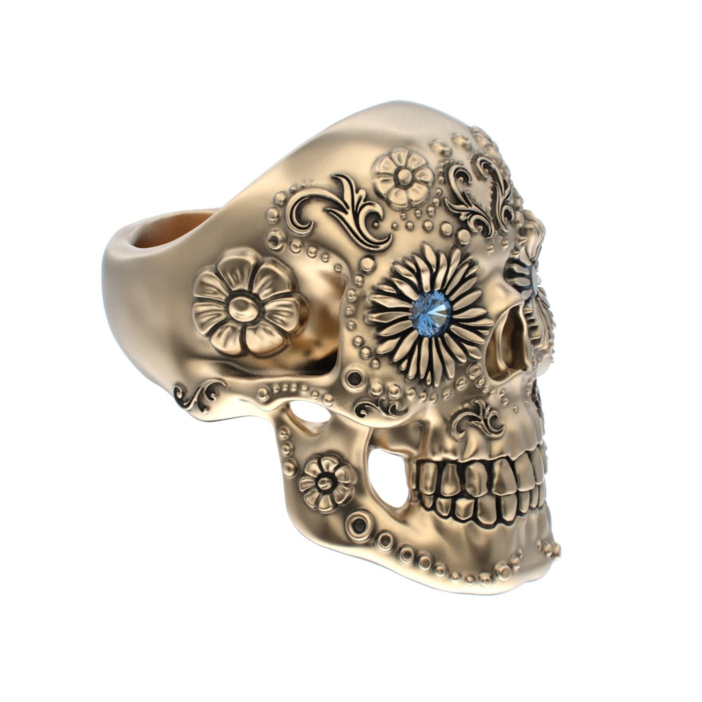 Large Sugar Skull Ring - 9ct Gold - Blue Sapphire Eyes - BeckonJewel