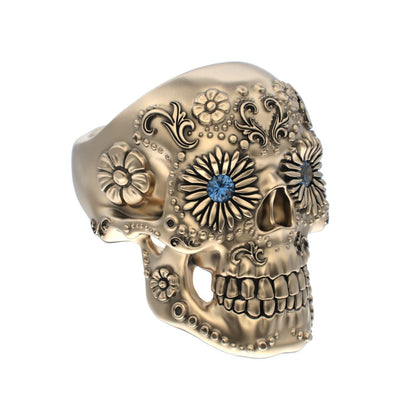 Large Sugar Skull Ring - 9ct Gold - Blue Sapphire Eyes - BeckonJewel