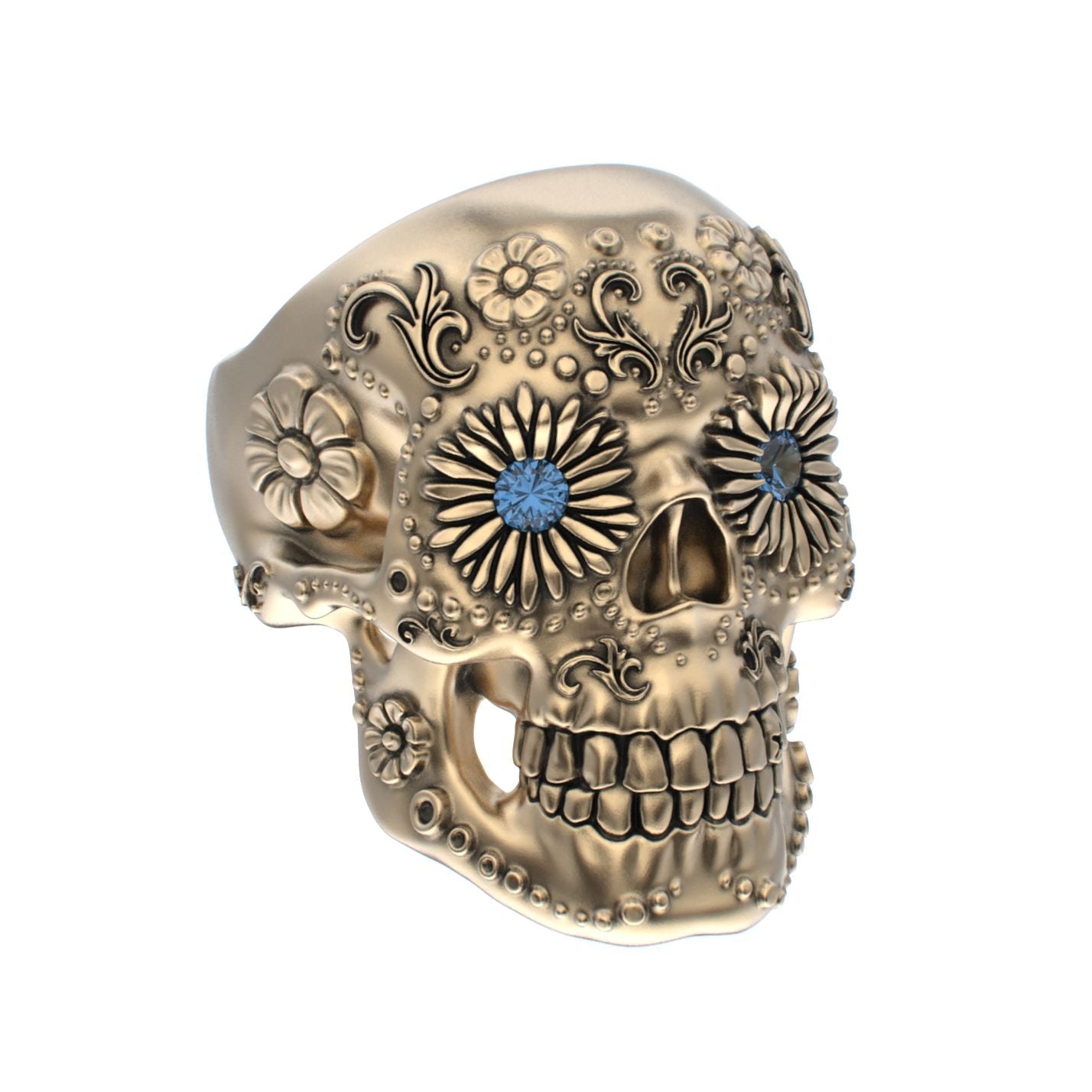 Large Sugar Skull Ring - 9ct Gold - Blue Sapphire Eyes - BeckonJewel