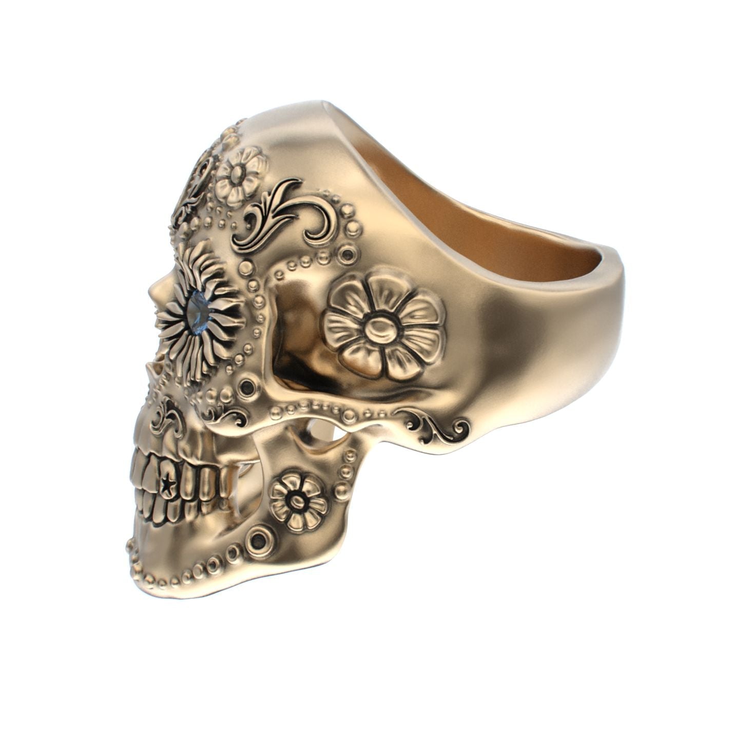 Large Sugar Skull Ring - 9ct Gold - Blue Sapphire Eyes - BeckonJewel