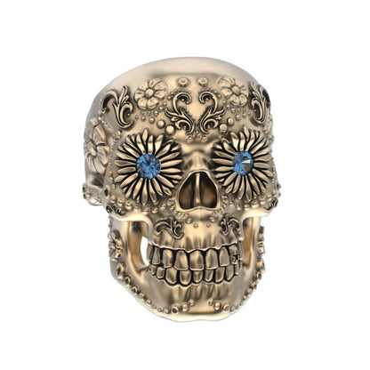 Large Sugar Skull Ring - 9ct Gold - Blue Sapphire Eyes - BeckonJewel