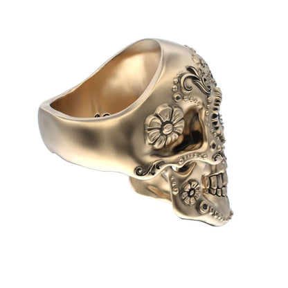 Large Sugar Skull Ring - 9ct Gold - Blue Sapphire Eyes - BeckonJewel