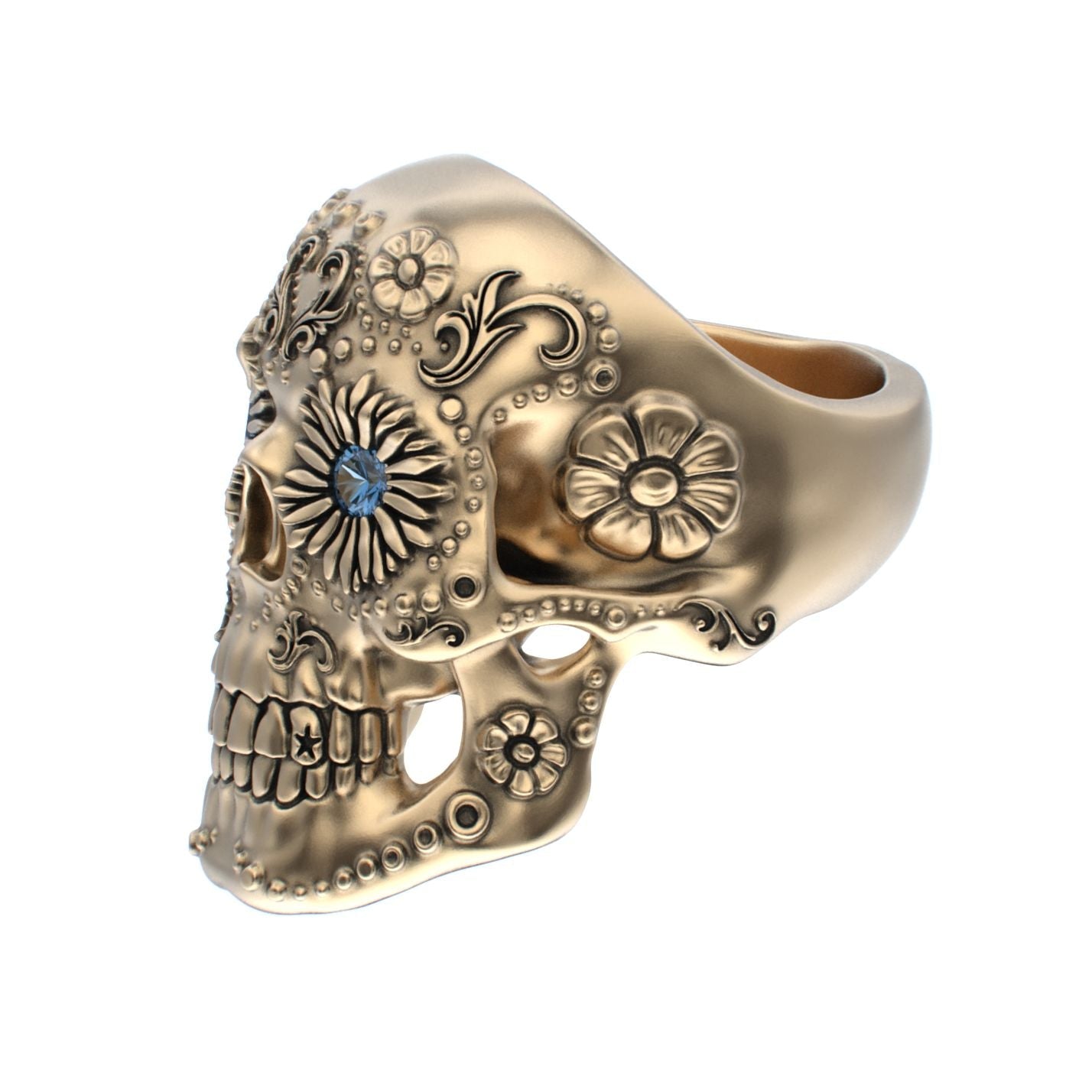 Large Sugar Skull Ring - 9ct Gold - Blue Sapphire Eyes - BeckonJewel